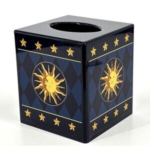 Celestial Night Sky Tissue Box Moon Star Sun Navy Blue Gold Whimsical